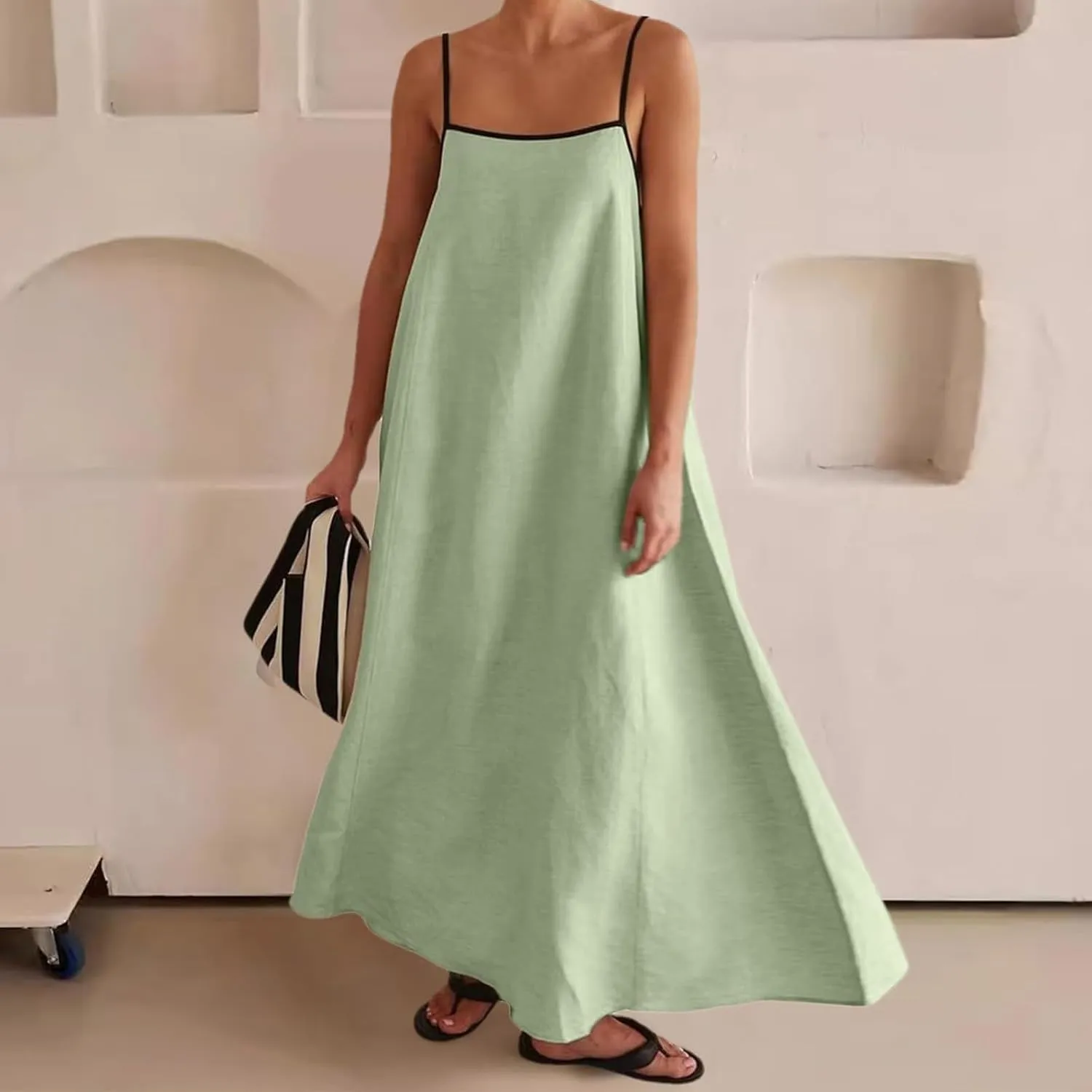 Summer Sundress for Women Contrast Spaghetti Strap Maxi Dresses Sleeveless A Line Beach Dress Casual Vacation Dresses