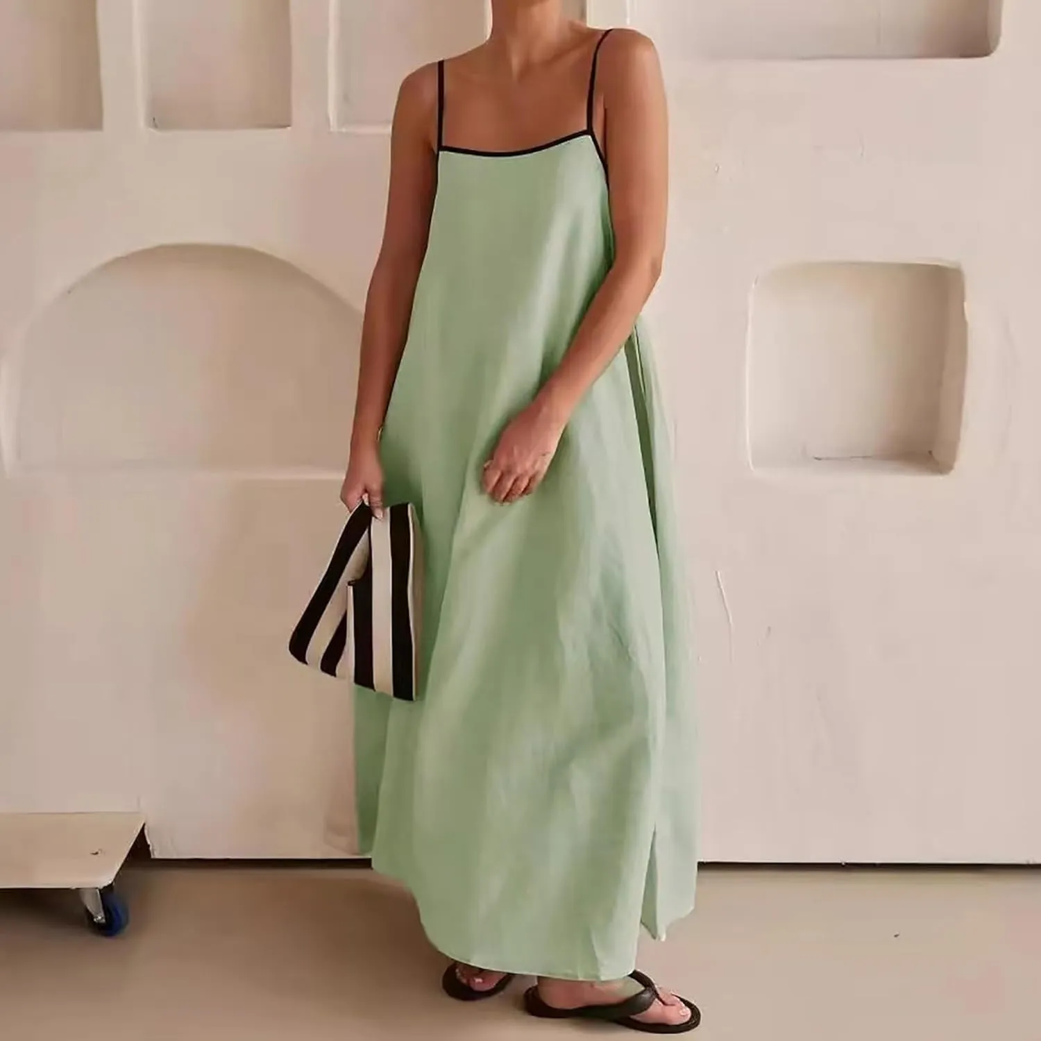 Summer Sundress for Women Contrast Spaghetti Strap Maxi Dresses Sleeveless A Line Beach Dress Casual Vacation Dresses