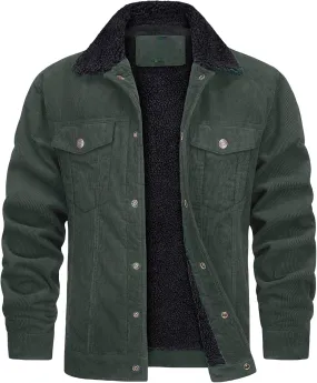 Thatrich Men's Corduroy Jacket Sherpa Lined Button Down Winter Coat Lightweight Fleece Jackets Lapel Long Sleeve Coat Outwear