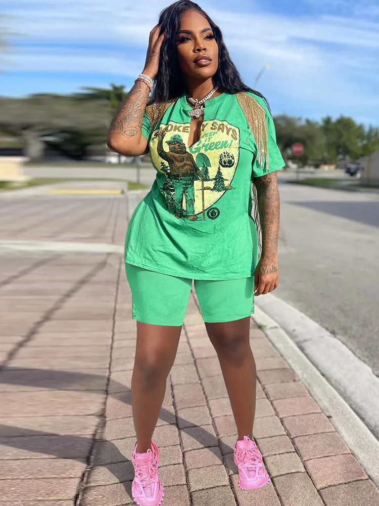 Two Piece Short Sleeve Figure Print Tops & Slit Shorts