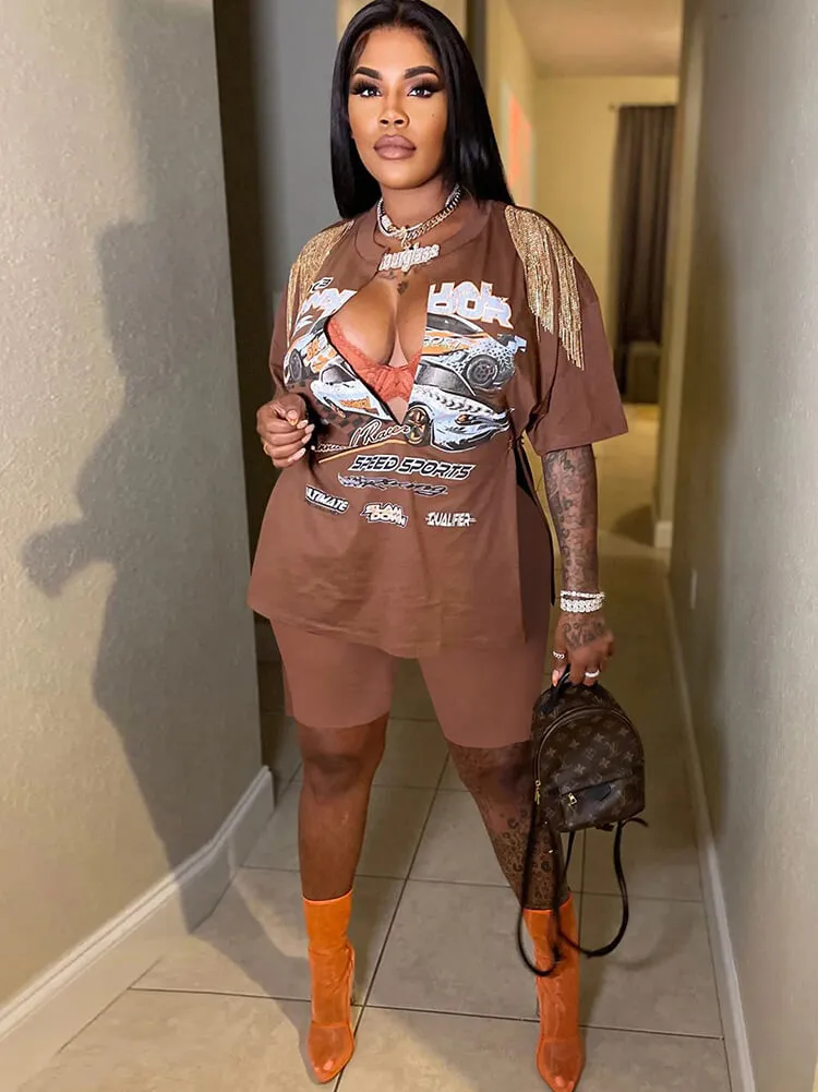 Two Piece Short Sleeve Figure Print Tops & Slit Shorts