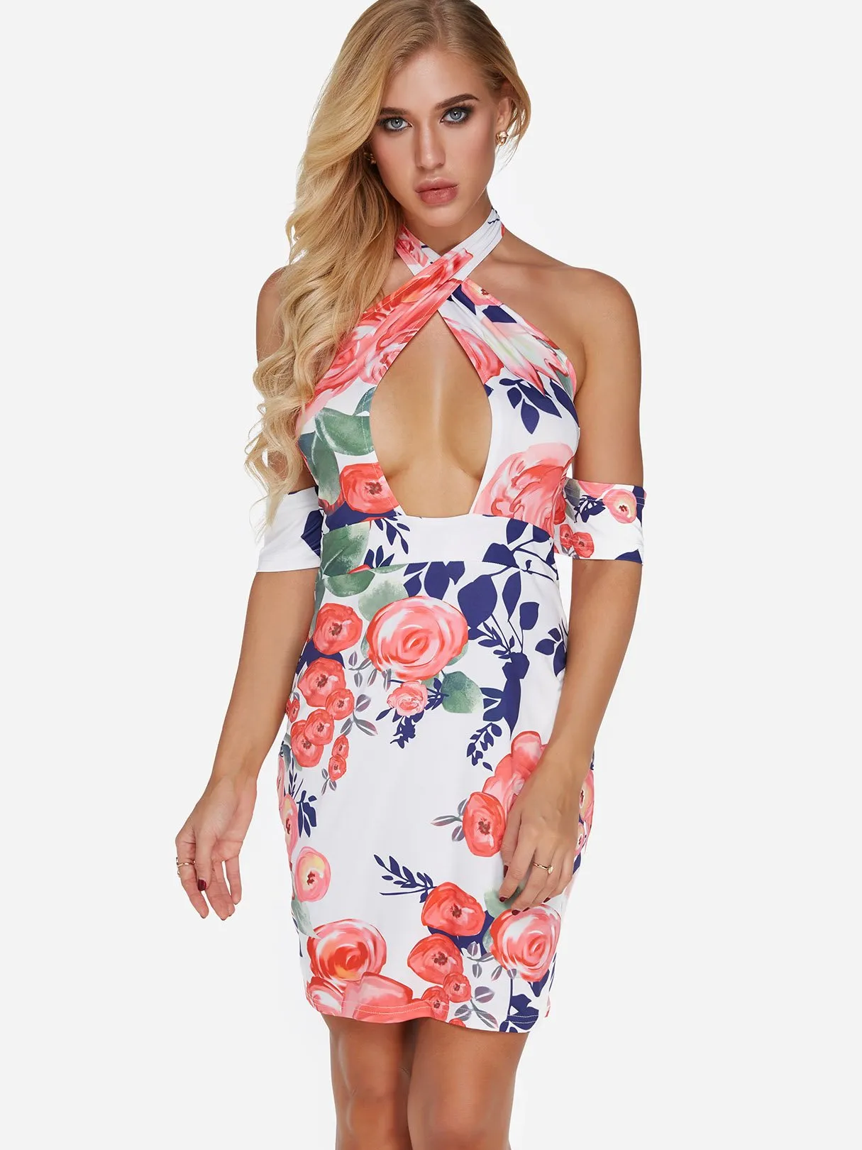 Wholesale Halter Floral Print Crossed Front Backless Cut Out Dresses