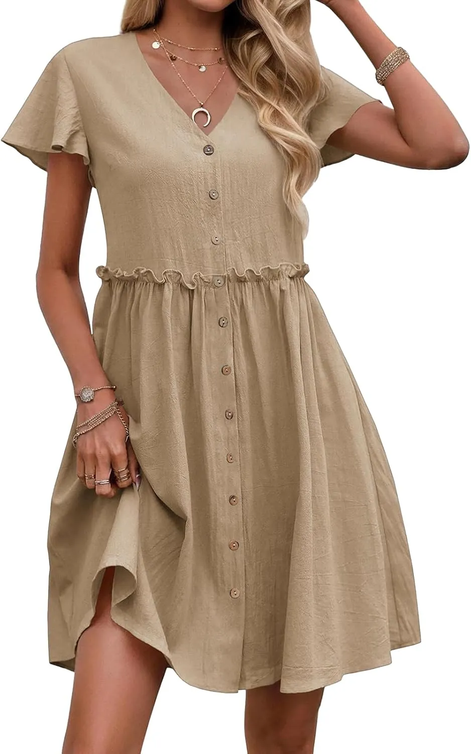 Women Button Down Dress Summer Loose Cotton Linen Flutter Sleeve Linen Dress Ruffle Hem A Line Beach Casual Sundress