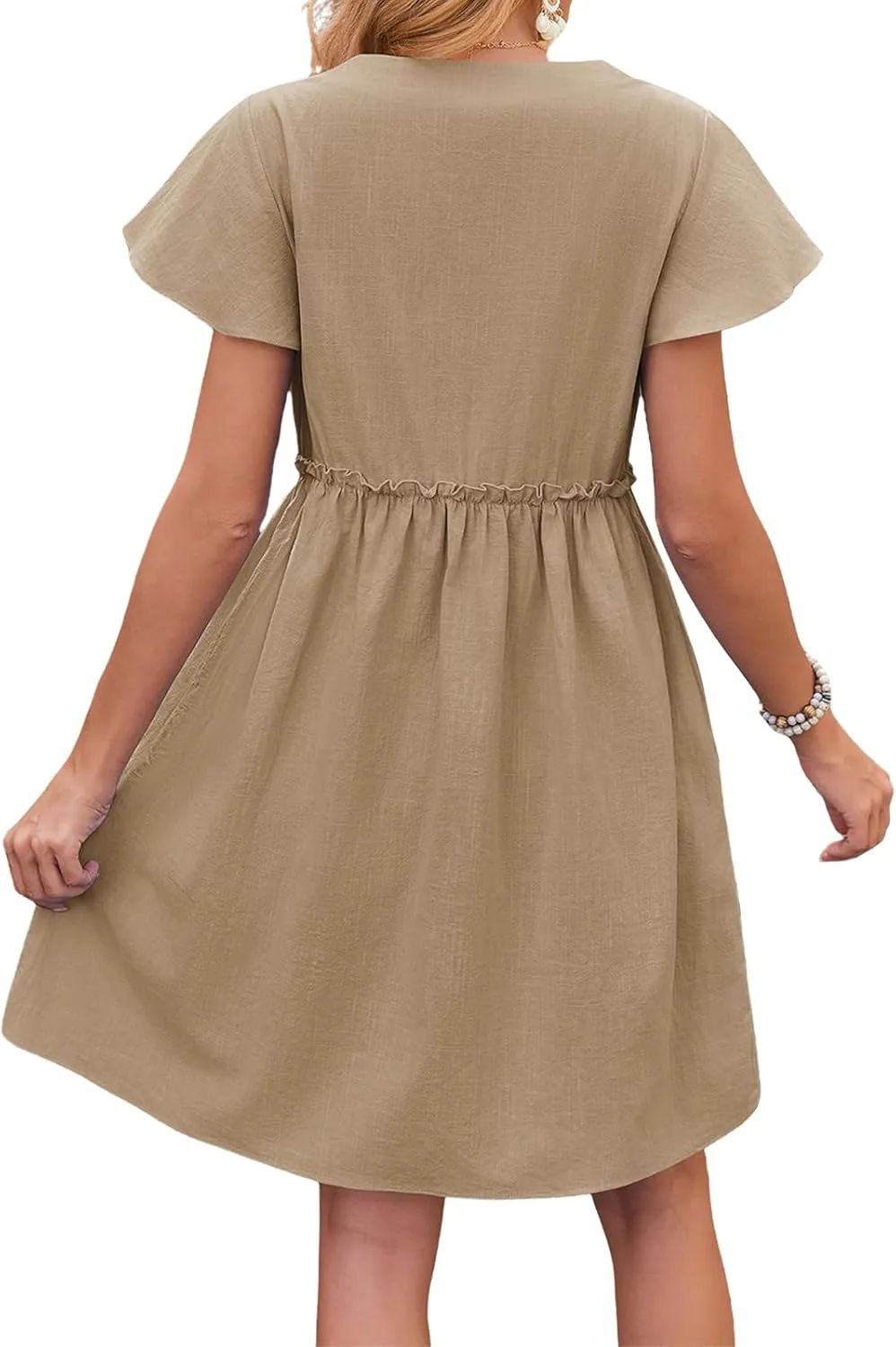 Women Button Down Dress Summer Loose Cotton Linen Flutter Sleeve Linen Dress Ruffle Hem A Line Beach Casual Sundress