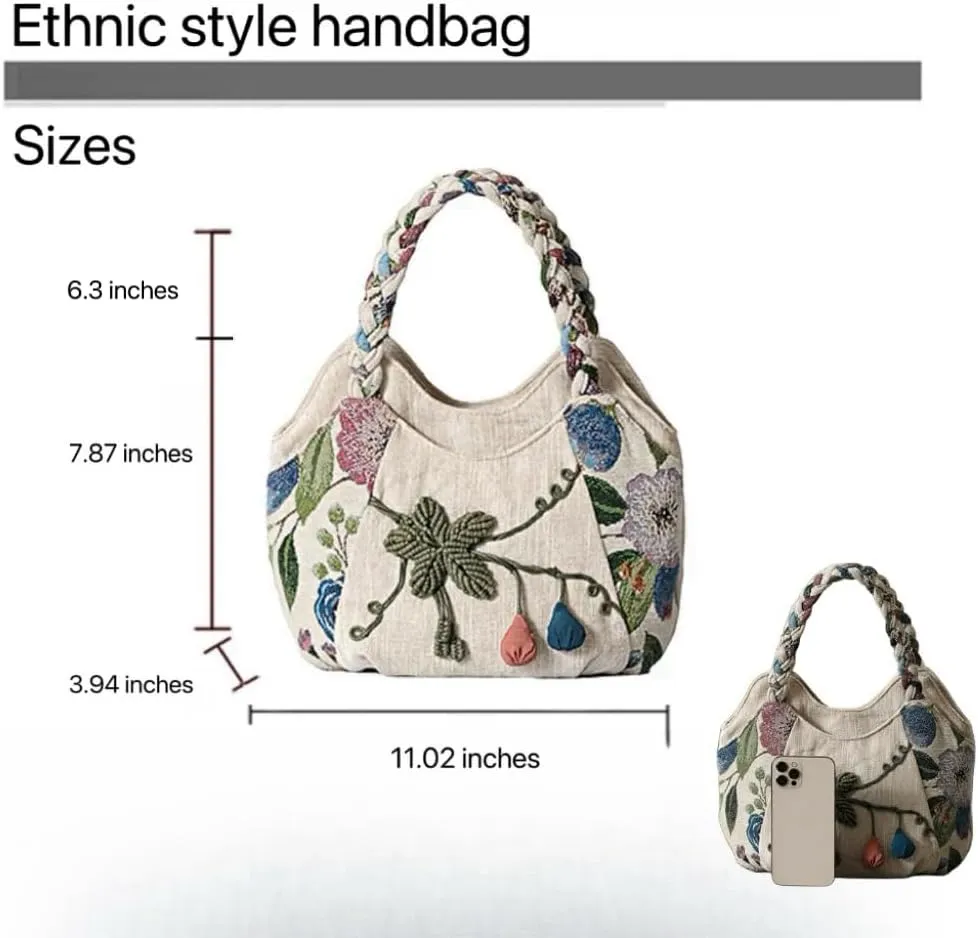 Women Cotton Canvas Tote Bag Hippie Hemp Boho Embroidery Canvas Tote Bag With Zipper Multi Pocket Retro Handbag Floral Purse