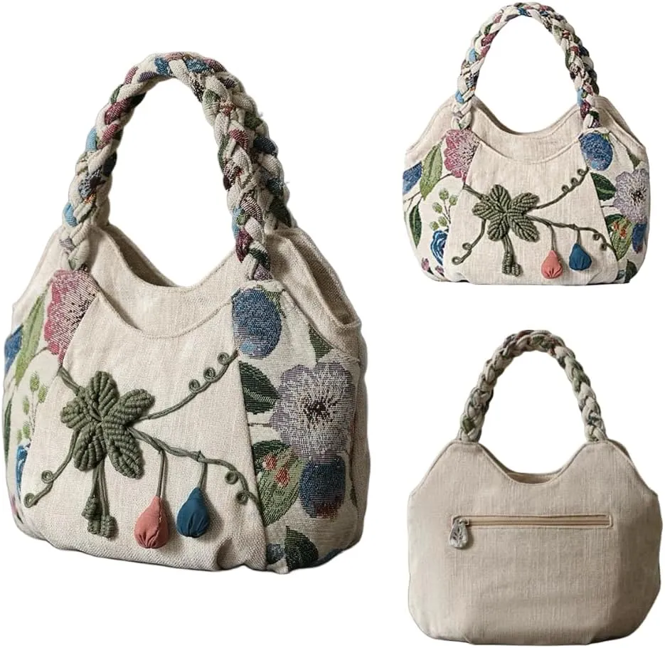 Women Cotton Canvas Tote Bag Hippie Hemp Boho Embroidery Canvas Tote Bag With Zipper Multi Pocket Retro Handbag Floral Purse