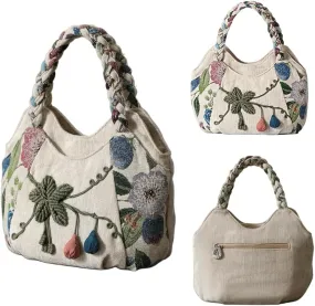 Women Cotton Canvas Tote Bag Hippie Hemp Boho Embroidery Canvas Tote Bag With Zipper Multi Pocket Retro Handbag Floral Purse