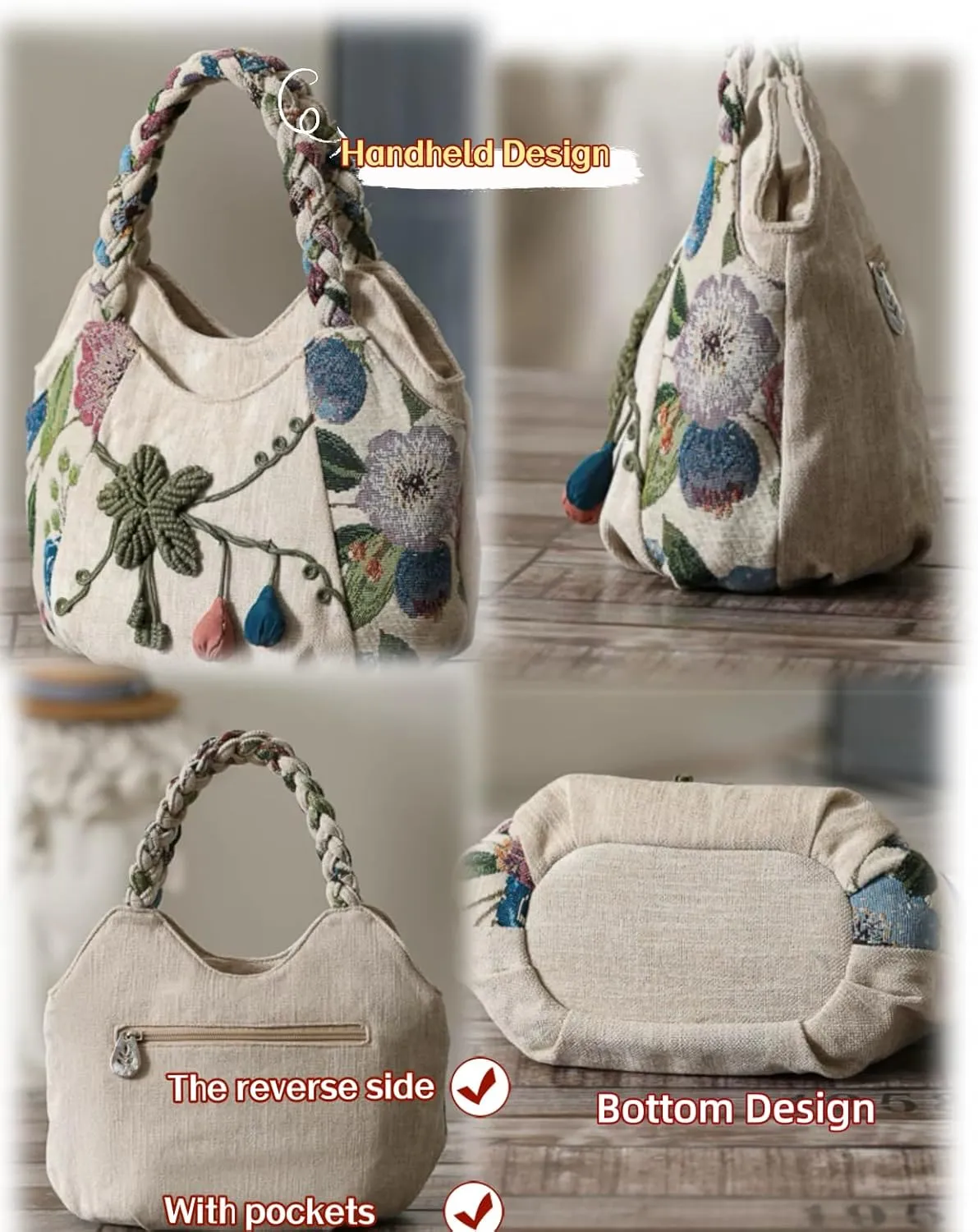 Women Cotton Canvas Tote Bag Hippie Hemp Boho Embroidery Canvas Tote Bag With Zipper Multi Pocket Retro Handbag Floral Purse
