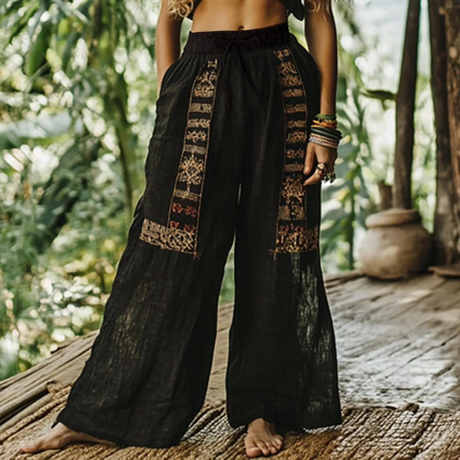 Women Summer Boho Pants Casual Linen High Waist Wide Leg Palazzo Pants Vintage Floral Lounge Trousers with Pockets