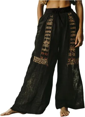 Women Summer Boho Pants Casual Linen High Waist Wide Leg Palazzo Pants Vintage Floral Lounge Trousers with Pockets