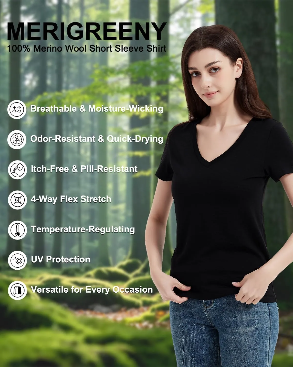 Women's 100% Merino Wool T-Shirt, V Neck Lightweight Moisture-Wicking Athletic Base Layer Tops for Running