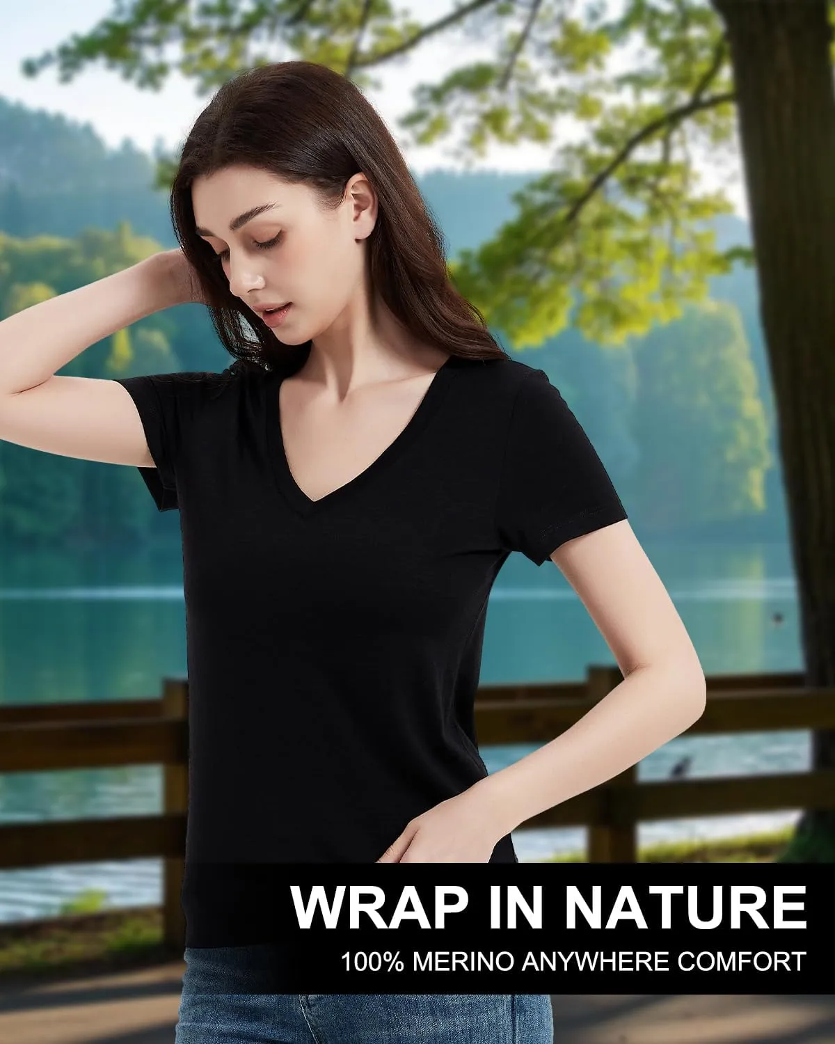 Women's 100% Merino Wool T-Shirt, V Neck Lightweight Moisture-Wicking Athletic Base Layer Tops for Running
