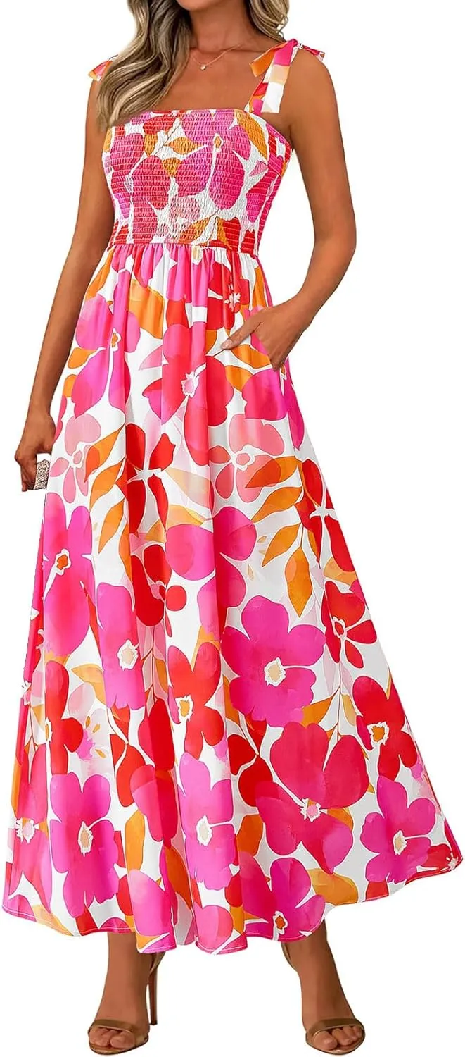 Womens Dresses Sexy Boho Spaghetti Strap Maxi Dress Summer Floral Long Dress Square Neck Strapped Swing A Line Sundress