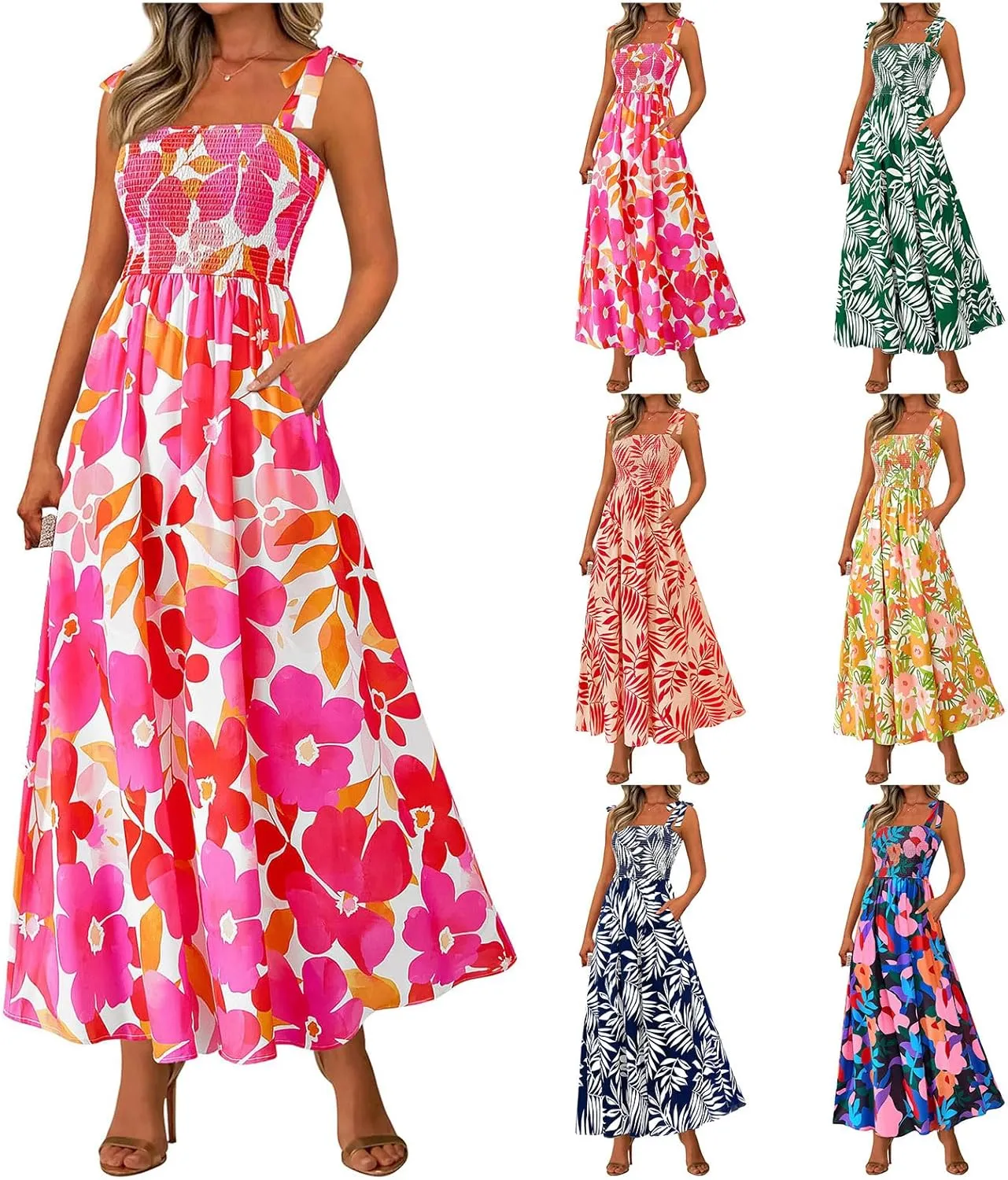 Womens Dresses Sexy Boho Spaghetti Strap Maxi Dress Summer Floral Long Dress Square Neck Strapped Swing A Line Sundress