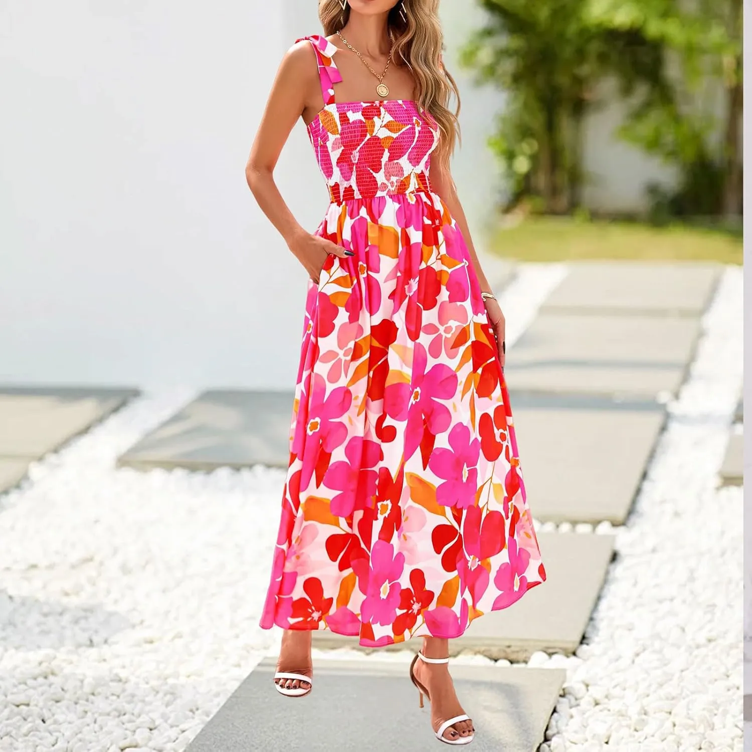Womens Dresses Sexy Boho Spaghetti Strap Maxi Dress Summer Floral Long Dress Square Neck Strapped Swing A Line Sundress