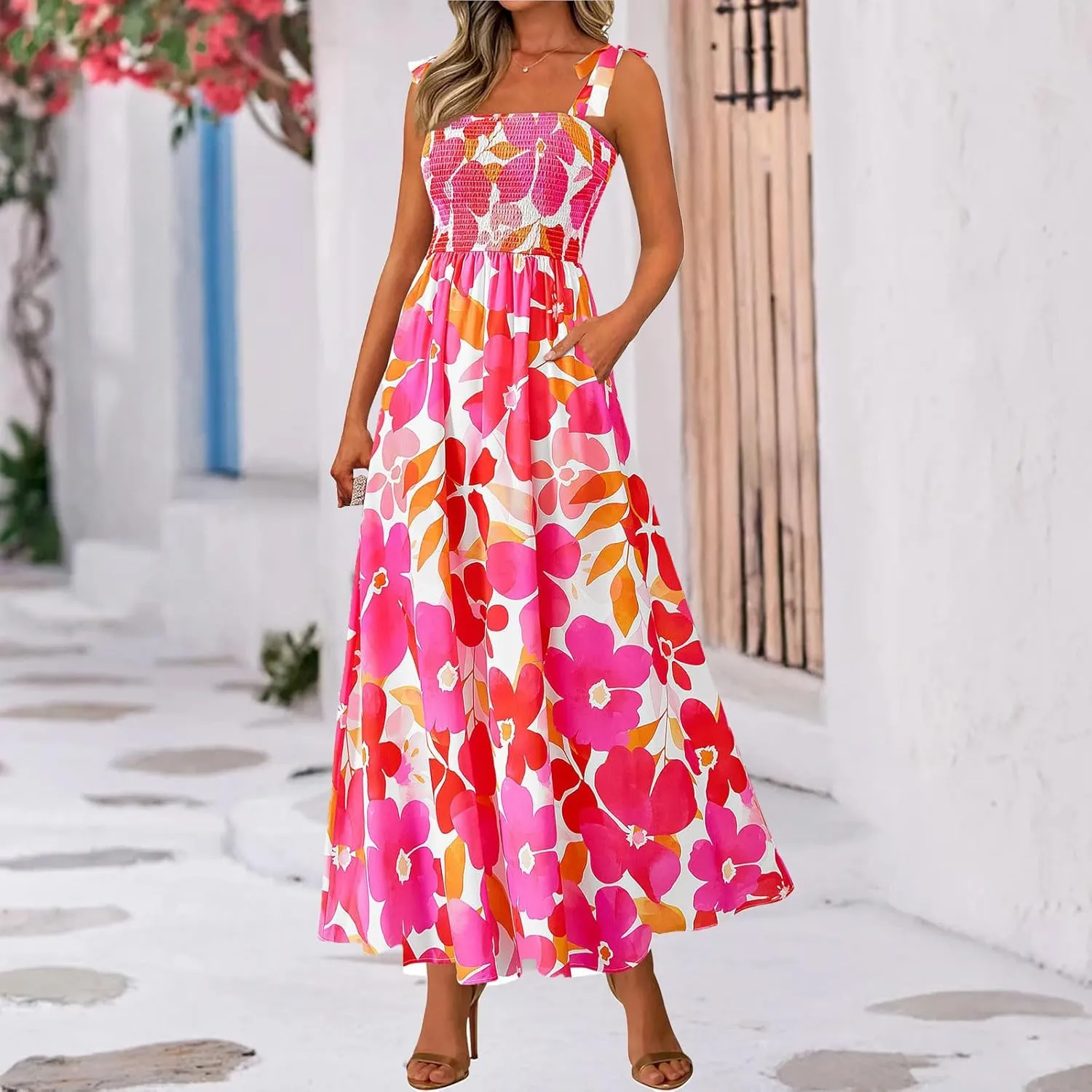 Womens Dresses Sexy Boho Spaghetti Strap Maxi Dress Summer Floral Long Dress Square Neck Strapped Swing A Line Sundress