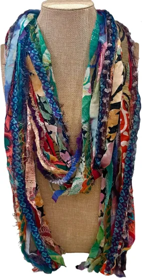 Women’s Handmade Multi Strand Recycled Shredded Fabric and Yarn Cowl Rope Scarf